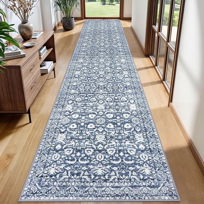 Runner Rug 2.6x12, Light Blue White Washable Long Hallway Rug Runner Non-Slip Soft Kitchen Runner Thin Printed Faux Wool Super Soft Carpet for Entryway Bedroom Laundry Room Indoor Home Decor