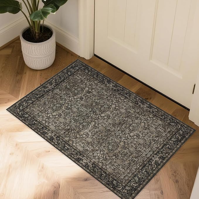 Small Rug 2x3 for Entryway: Boho Floral Door Mat Indoor Entrance Washable - Non-Slip Low Pile Thin Carpet Rugs for Kitchen Bathroom Front Door Laundry - Dark Brown