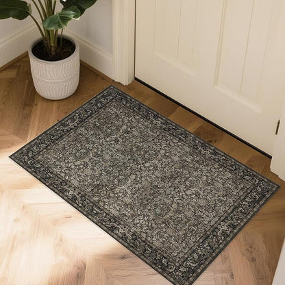 Small Rug 2x3 for Entryway: Boho Floral Door Mat Indoor Entrance Washable - Non-Slip Low Pile Thin Carpet Rugs for Kitchen Bathroom Front Door Laundry - Dark Brown