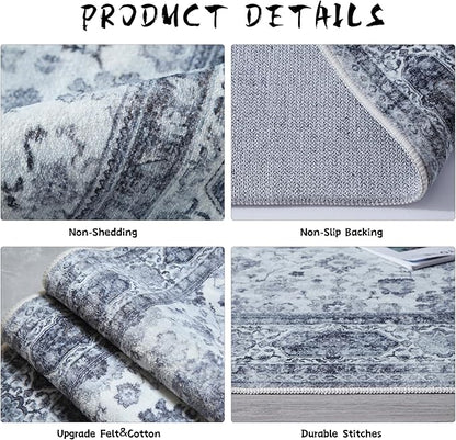 Rugcomf Runner Rug 2'x6' Hallway Washable Boho Soft Area Rug Non-Slip Non-Shedding Faux Wool Vintage for Kitchen, Entryway, Laundry, Bedroom, Indoor (Grey and White)