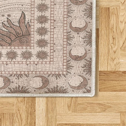 Ambesonne Sun and Moon Decorative Rug, Bohemian Artwork Design of Crescent Solar Ornament Esoteric Stars Ornament, Quality Carpet for Bedroom Dorm and Living Room, 2' 2" x 3' 7", Pale Chocolate
