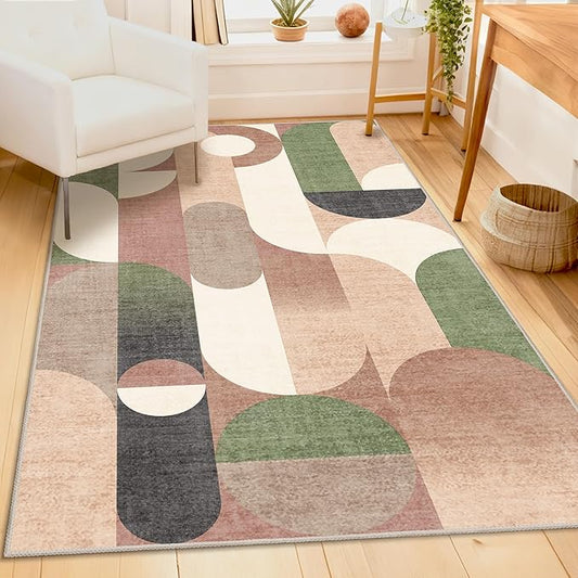 Modern Rug 3x5 Washable Area Rugs for Bedroom Living Room Kitchen Entryway Bedside,Small Retro Rust Orange Geometric Non Slip Carpet