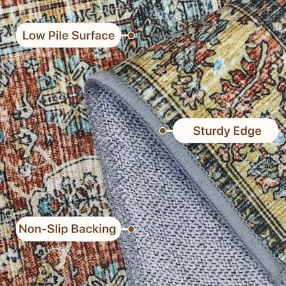Bavni 3x5 Area Rugs for Living Room, Machine Washable Rug Non Slip, Vintage Chenille Distressed Print Carpet, Large Low Pile Ultra-Thin Lightweight Rugs for Bedroom, Dining Room, Office, Blue/Tan/Red
