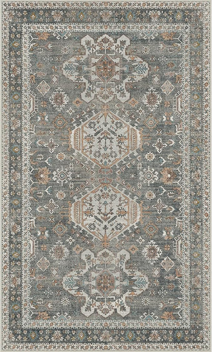 Bavni 3x5 Area Rug for Living Room Bedroom, Washable Boho Print Vintage Aesthetic Rug, Ultra-Thin Low Pile Rugs for Entryway Playroom with Non Slip Backing, Grey