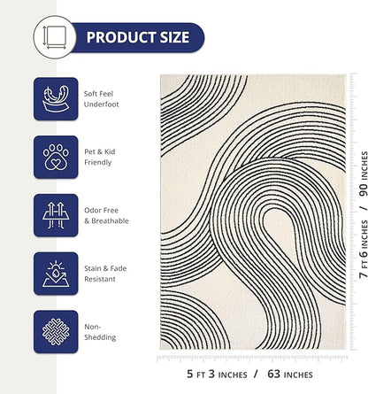 Abani Nuevo Beige Black Swirls Modern Area Rug 5' x 8' for Living Room, Bedroom - Abstract Design - Durable & Easy to Clean