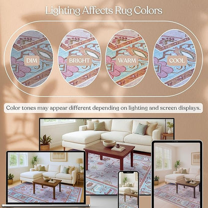 Fame Living Pink Oushak Rug, Modern, Vintage, Turkish, Eclectic, Floral, Pastel, Washable, Area Rugs for Living Room, Dining, Bedroom, Office, Entryway, Foyer, Playroom, Nursery, 5'x6'9"