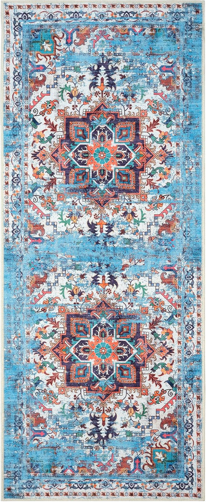 GLN Rugs Traditional Collection - Machine Washable Area Rug, Traditional Washable, Non Slip, Low Pile Chenille Rug, Living Room, Bedroom, Kitchen Rug (2'6" x 7' Blue/Multicolor)