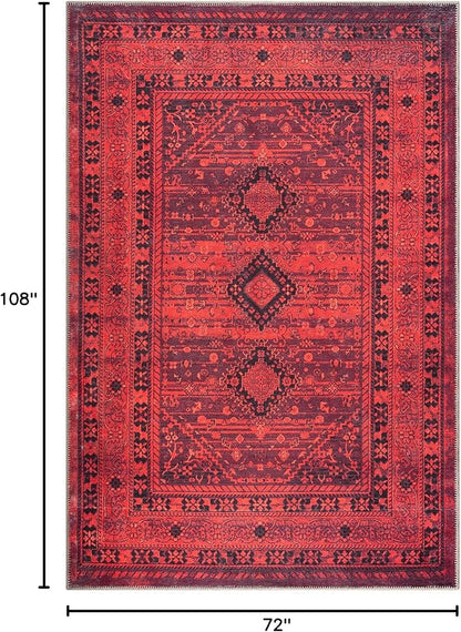 Bloom Rugs Washable Non-Slip 6' x 9' Rug - Red Traditional Bordered Area Rug for Living Room, Bedroom, Dining Room, and Kitchen - Exact Size: 6' x 9'