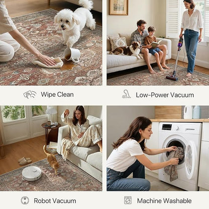 Bavni Washable Entry Rug 2x3, Non Slip Door Mat for Entryway or Kitchen, Vintage Print Low Pile Ultra Thin Indoor Rug, Brick