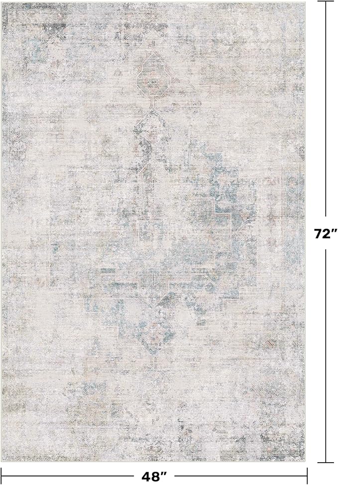 Washable 4x6 Rug for Small Living Room, Area Rug for Kitchen, Bedside, Large Entryway Indoor - Stain Resistant Non Slip with Rubber Backing, Unique Floral Aethestic Décor, Light Blue & Gray