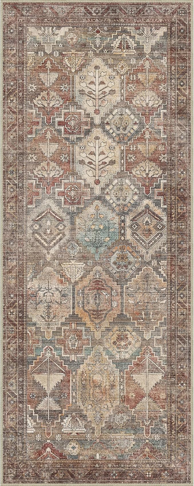 Bavni Runner Rugs 2x7 Kitchen Rug for Hallways Entryway, Washable Vintage Print Carpet, Ultra-Thin Low Pile Lightweight Rug with Non Slip Backing, Reddish Brown