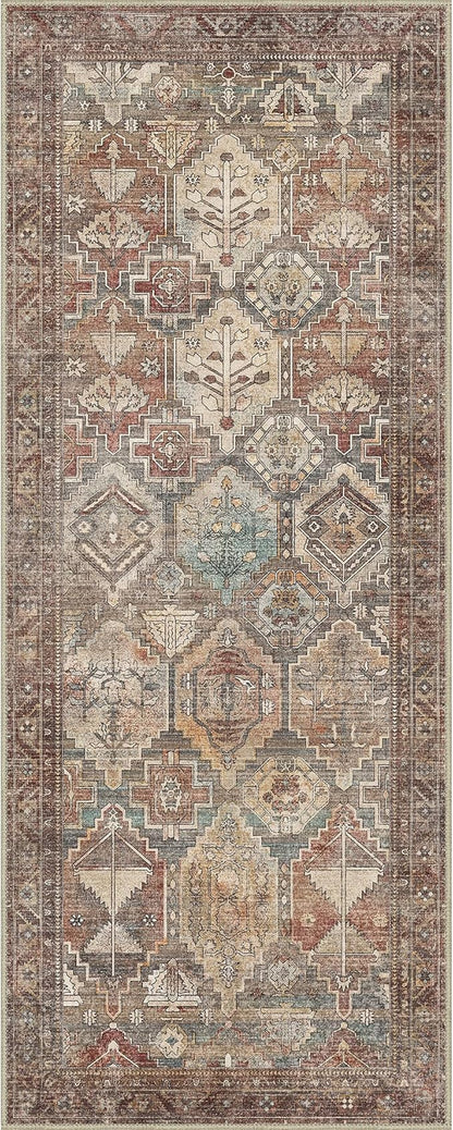 Bavni Runner Rugs 2x7 Kitchen Rug for Hallways Entryway, Washable Vintage Print Carpet, Ultra-Thin Low Pile Lightweight Rug with Non Slip Backing, Reddish Brown