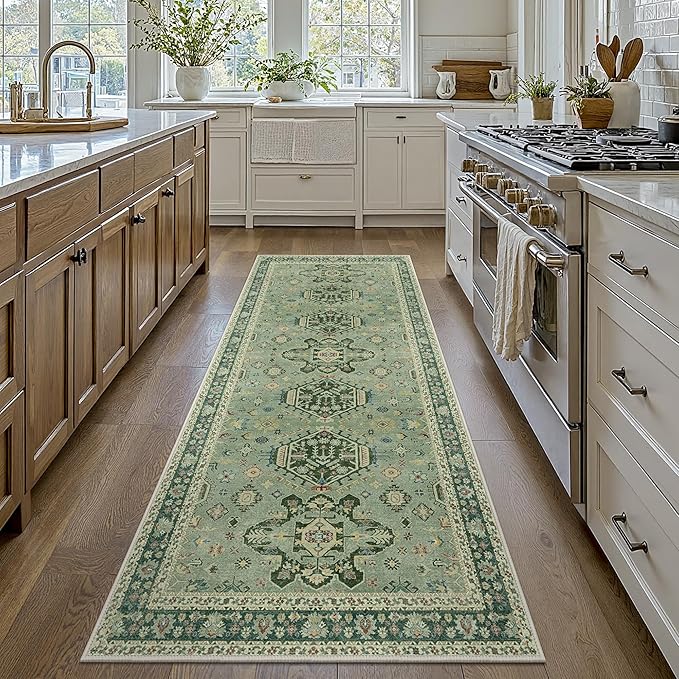 Bavni Washable Runners for Hallways 2X10, Ultra-Thin Non Slip Long Runner Rug, Print Vintage Aesthetic Carpet Runner, Low Pile Rugs for Kitchen Porch Bedroom, Green