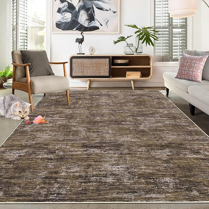 RUGSREAL Area Rug 5x7 Machine Washable Area Rug for Living Room Non-Slip Stain Resistant Modern Abstract Bedroom Rug Contemporary Solid Throw Rug Foldable Accent Floor Carpet for Dining Room, Brown