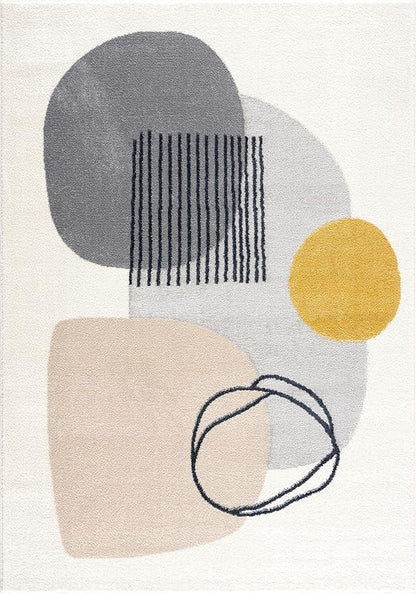 Abani Rugs Cream and Gray 8 ft. x 10 ft.(7'9"x10'2") Mid-Century Rug with Circles and Lines. Neutral Tones of Cream, Gray and a pop of Yellow. Minimalistic Design Turkish Stain Resistant Area Rug.