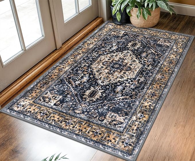 KOZYFLY Boho Area Rug 3x5 Ft Rugs for Entryway Washable Entry Rug Non Slip Door Mat Indoor Entrance Gold Navy Printed Faux Wool Vintage Kitchen Rug Throw Rugs for Entrance Kitchen Living Room