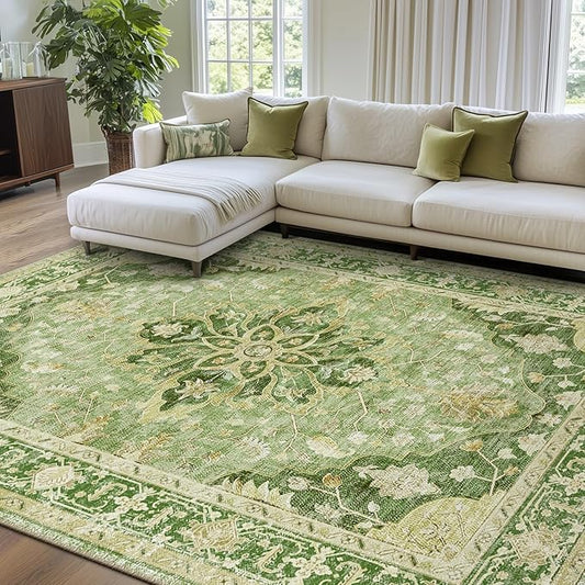 Area Rugs 7'x9' Washable Non-Slip, Floral Vintage Distress Print Pattern Medallion Carpet for Living Room Bedroom Dining Room, Sage Green Yellow