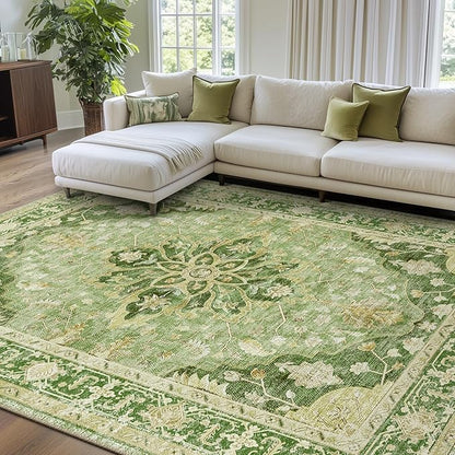 Area Rugs 6'x9' Washable Non-Slip, Floral Vintage Distress Print Pattern Medallion Carpet for Living Room Bedroom Dining Room, Sage Green Yellow