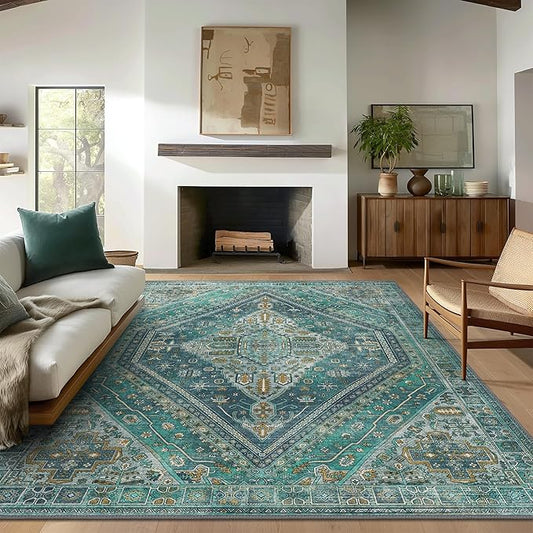 Bavni Washable Rug 8x10 Area Rug for Living Room Bedroom Dining, Washable Vintage Print Carpet, Ultra-Thin Chenille Low Pile Lightweight Rug with Non Slip Backing, Blue/Green