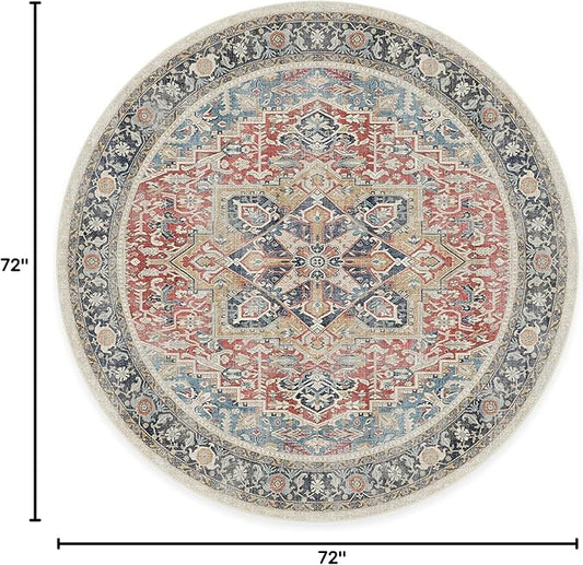 RUGGABLE Washable Vintage Area Rug – Kamran Cayenne Red 6 ft Round, Stain-Resistant, Non-Slip – Medium Machine Washable Rugs for Living Room, Bedroom, Hallway, Entryway & Office–with Cushioned Pad