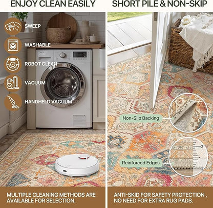 Bavni Washable Rug 8x10 Area Rug for Living Room Bedroom Dining, Washable Vintage Print Carpet, Ultra-Thin Chenille Low Pile Lightweight Rug with Non Slip Backing, Retro Multi