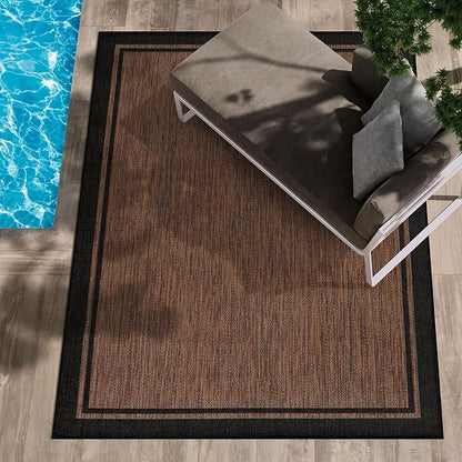 CAMILSON Indoor Outdoor Rug, 8x10 Bordered Nut Brown Black Modern Area Rugs for Indoor and Outdoor Patios, Kitchen and Hallway Mats, Washable Porch Deck Outside Carpet (Bordered Nut Brown, 8 x 10)