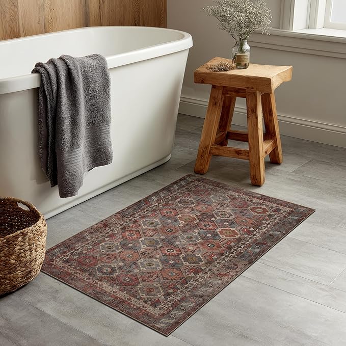 Kuden 3x5 Small Rug, Machine Washable, Non-Slip Backing, Vintage Style, Soft, Low Pile, Area Rugs for Entryway Kitchen Indoor Entrance