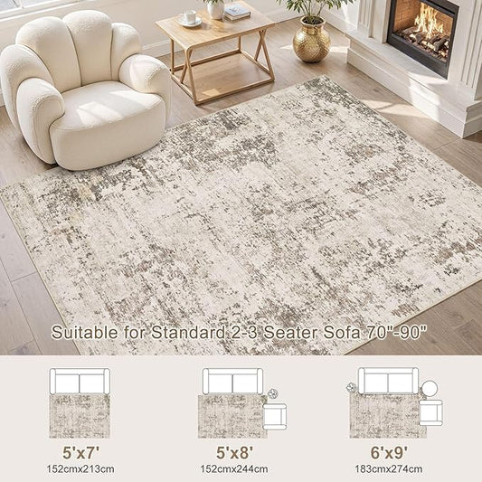5x7 Area Rug Living Room Rugs - Washable Neutral Modern Abstract Soft Thin Large Rug Indoor Floor No Slip Rug Carpet for Bedroom Under Dining Table Home Office Decor - Dark Brown