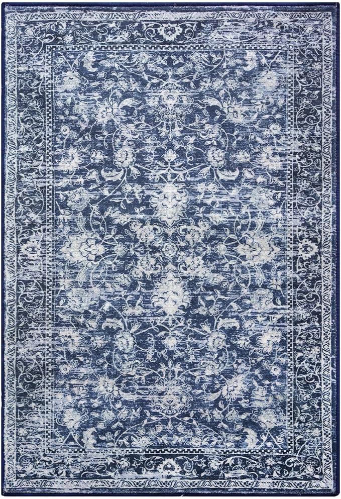 KILOCOCO Area Rug 5x7 Living Room Rug Washable Printed Vintage Floral Non Slip Soft Rubber Backed Indoor Bedroom Rugs for Laundry Room Kitchen Playroom Moroccan Area Rugs, Blue
