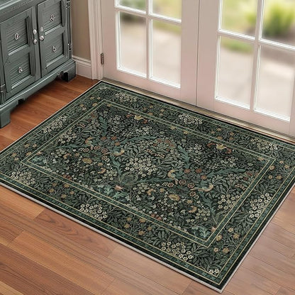 2x3 Floral Washable Area Rug for Living Room, Vintage Boho Rug for Bedroom Dining Room， Distressed Botanical Birds Non Slip Low Pile Forest Animal Throw Carpet for Farmhouse Office, Dark Green