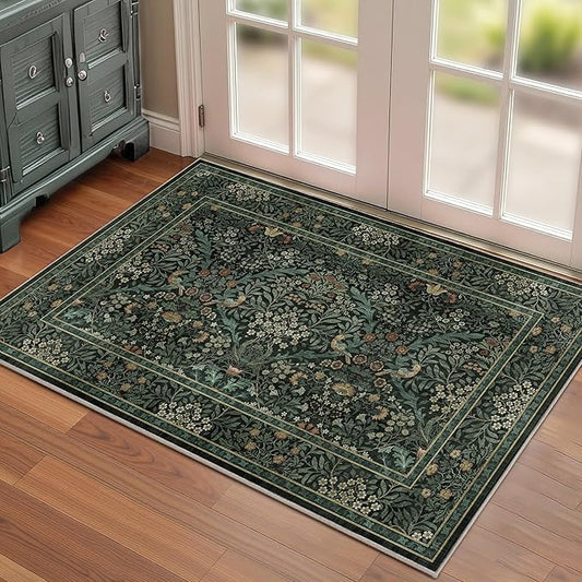 2x3 Floral Washable Area Rug for Living Room, Vintage Boho Rug for Bedroom Dining Room， Distressed Botanical Birds Non Slip Low Pile Forest Animal Throw Carpet for Farmhouse Office, Dark Green