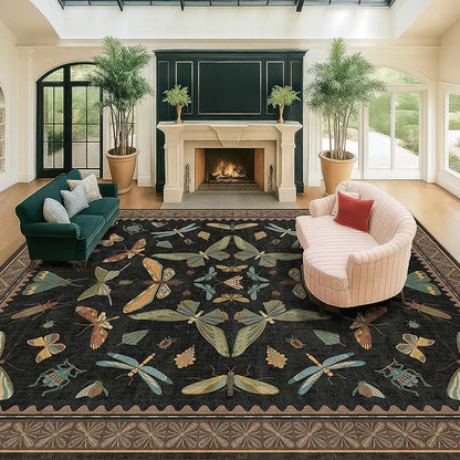 Black Washable Insect Area Rugs 8x10 for Living Room, Bedroom, Dining Room Under Table, Playroom, Large Dark Whimsical Boho Indoor Rug, Ultra Soft Low Pile Non Slip