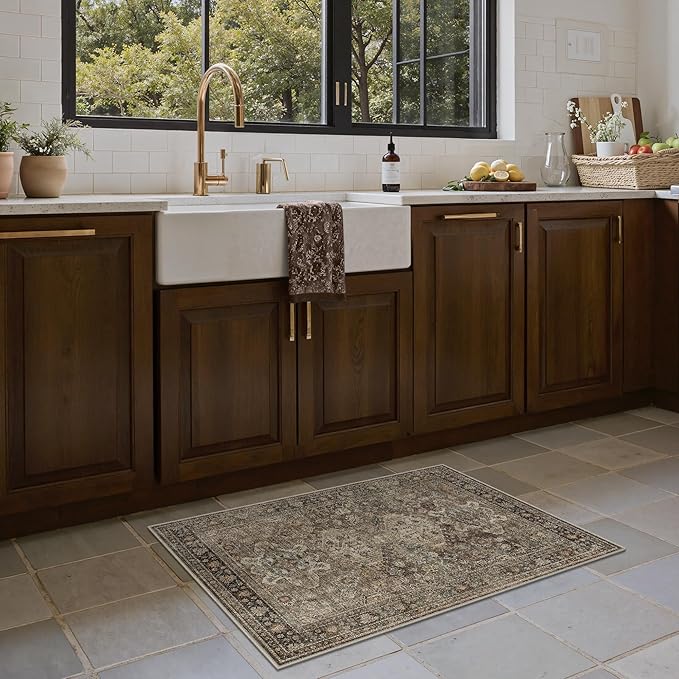 Bavni Washable Rug 2x4, Non Slip Small Runner for Entryway, Kitchen or Bathroom, Vintage Print Thin Low Pile Indoor Carpet, Brown