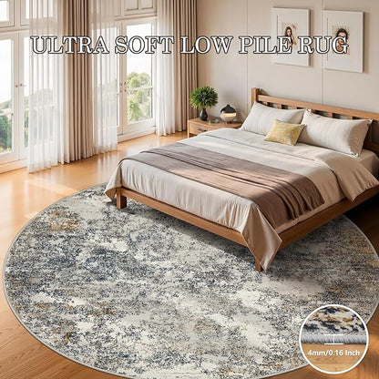 8ft Washable Round Rug - 8x8 Area Rugs Modern Abstract Rugs for Living Room Non-Slip Low Pile Soft Machine Washable Carpet for Bedroom, Living Room, Dining Room, Nursery, Farmhouse (8'x8' Tan Blue)