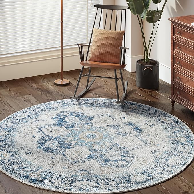 jinchan Kelda Round Rug 6ft Washable Area Rug Indoor Vintage Bedroom Floor Cover Distressed Circle Mat 6' Round Lightweight Non Slip Low Pile Thin Farmhouse Carpet for Living Room Dining Room Blue