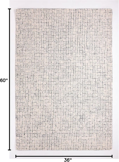 Hand-Tufted 100% Wool Pile Area Rug – Geometric Textured Grid Check Pattern – Thick and Durable Floor Carpet for Bedroom, Living Room, Kids Room, and Dining Area (Ivory, Denim, 3' x 5')