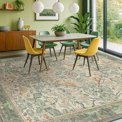 Washable Floral Bird Rugs for Living Room - Sage Green 8x10 Area Rugs for Bedroom Under Bed, Dining Room Kitchen Table Rug for Under Table, Nature Botanical Decor, Stain Resistant Non-Slip