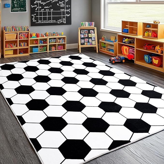 Soft Soccer Rugs for Bedroom, Machine Washable, Cute Bedside Boys Area Rug for Kids Toddlers Teens, Soccer Lovers Home Decor Indoor Carpet for Living Room, Dorms, Nursery, 4x5 FT