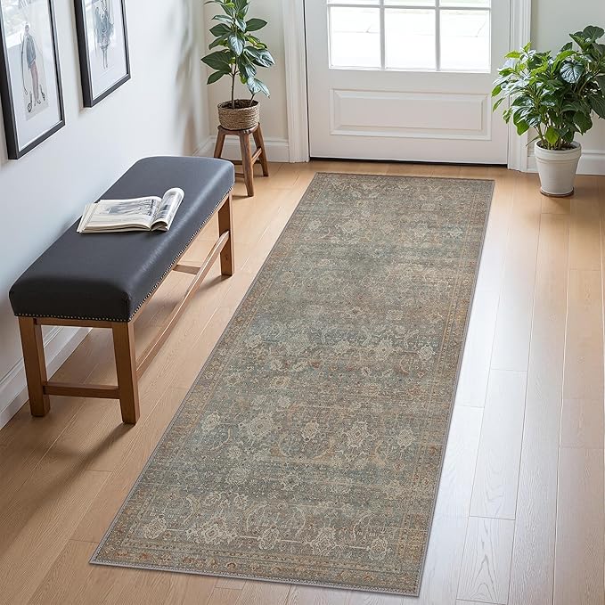 2x5 Runner Rug Machine Washable Boho Rug Runners for Hallway,Ultra-Thin Low Pile Rug,Lightweight Indoor Carpet,Non Slip Floral Runners for Enrtyway, Corridor, Home Office, Kitchen,Grayish Blue