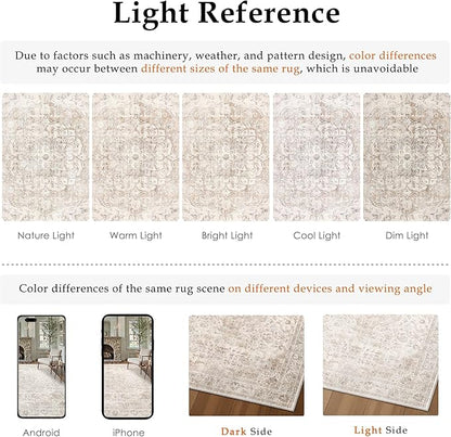 HUGEAR Area Rug 5x7 Vintage Beige Machine Washable Living Room Rugs Thin Neutral Floral Vacuumable Low Pile Carpet Bedroom Office Dining Room Laundry Room Non Slip Soft Lightweight