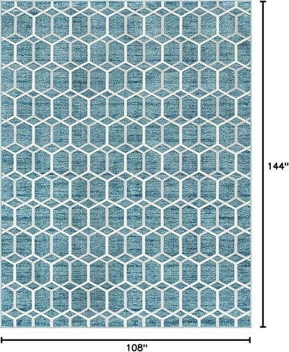 Rugs.com Lattice Trellis Collection Rug – 9' x 12' Blue Low-Pile Rug Perfect for Living Rooms, Large Dining Rooms, Open Floorplans