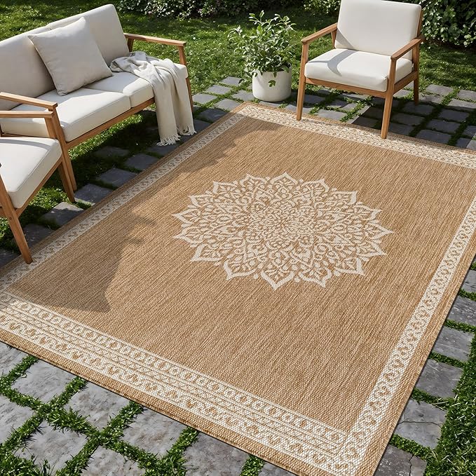 CAMILSON Outdoor Rug 6x9 Medallion Natural Modern Area Rugs for Indoor and Outdoor Patios Kitchen and Hallway Mats Washable Porch Deck Outside Carpet (Medallion Natural 6 x 9)