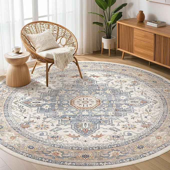 Round Rug Living Room Rugs: 10Ft Washable Boho Neutral Large Circle Soft Indoor Distressed Stain Resistant Floor Farmhouse Carpet for Bedroom Nursery Kids Playroom Office Dining Room Dorm- Beige Blue