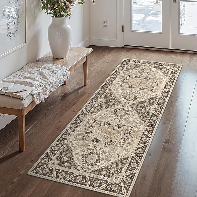 2x7 Runner Rug Machine Washable Boho Runners for Hallway,Ultra-Thin Low Pile Rug,Lightweight Indoor Carpet,Non Slip Floral Runners for Enrtyway, Corridor, Home Office, Kitchen,Brown
