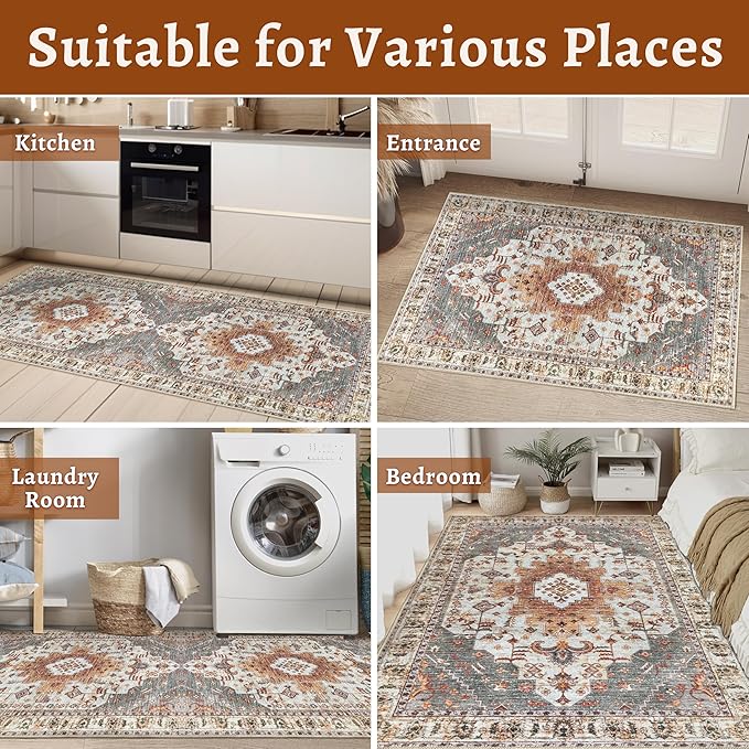 Tangsoo Oriental Hallway Runner Rugs 2.6x12 Washable Runner Rug for Hallways, Non Slip Vintage Soft Low Pile 12ft Long Rug Runner, Indoor Carpet Runners for Living Room Kitchen Bedroom Entryway