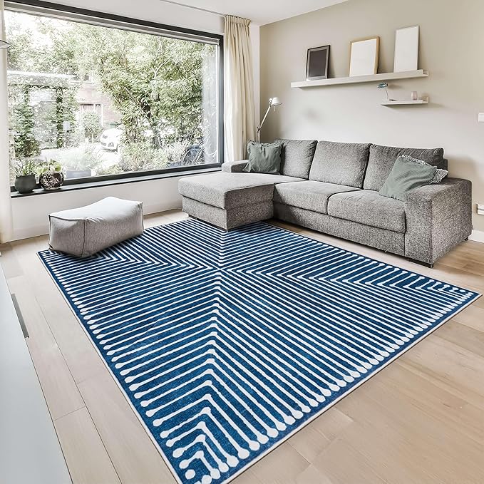 GLN Rugs Contemporary Collection - Machine Washable Area Rug, Contemporary Washable, Non Slip, Low Pile Chenille Rug, Living Room, Bedroom, Kitchen Rug (3' x 5' Lines Blue)