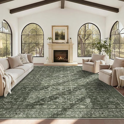 10x14 Washable Area Rugs for Living Room, Green Vintage Boho Large Rug for Bedroom Dining Room Office, Distressed Floral Floor Carpet Soft Non Slip Low Pile Farmhouse Indoor Mat