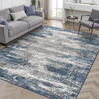 GENIMO 3x5 Area Rugs for Living Room, Machine Washable Non Slip Blue Rugs, Low Pile Lightweigt Modren Print Indoor Rug for Bedroom, Dining Room, Home Office, Blue Ivory