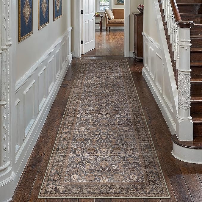 HUGEAR 2x8 Runner Rug Machine Washable Tradition Brown Hallway Area Rug Indoor Accent Rugs Floral Low Pile Carpet Soft Throw Rugs Bedroom Living Room Office Dining Kitchen Laundry Non Slip