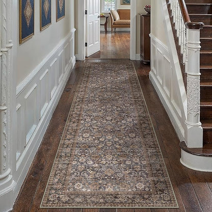 HUGEAR 2x8 Runner Rug Machine Washable Tradition Brown Hallway Area Rug Indoor Accent Rugs Floral Low Pile Carpet Soft Throw Rugs Bedroom Living Room Office Dining Kitchen Laundry Non Slip